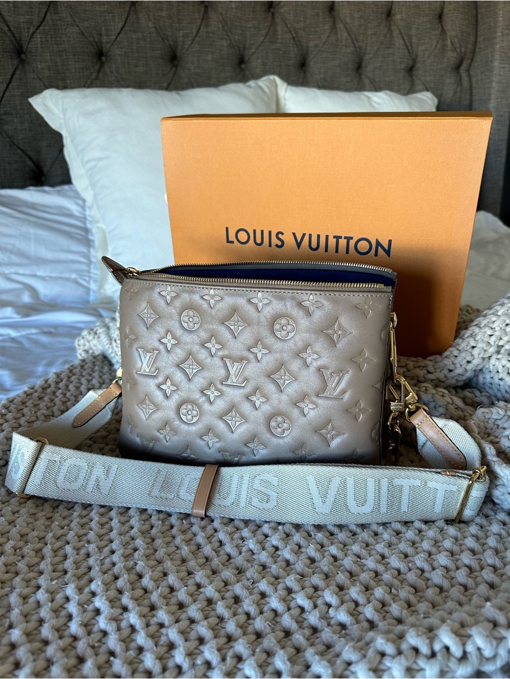 Louis Vuitton Beige Embossed Monogram Crossbody Bag with Cream Strap - Picture 4 of 10
